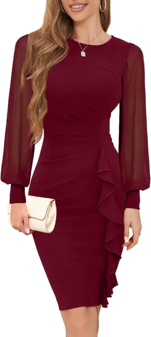 IHOT 2025 Women's Long Sheer Sleeve Ruched Sheath Bodycon Cocktail Party Work Dress