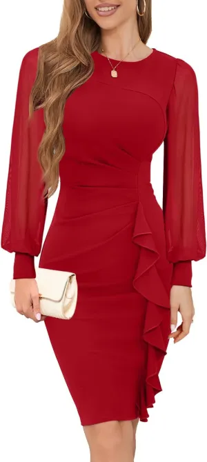 IHOT 2025 Women's Long Sheer Sleeve Ruched Sheath Bodycon Cocktail Party Work Dress