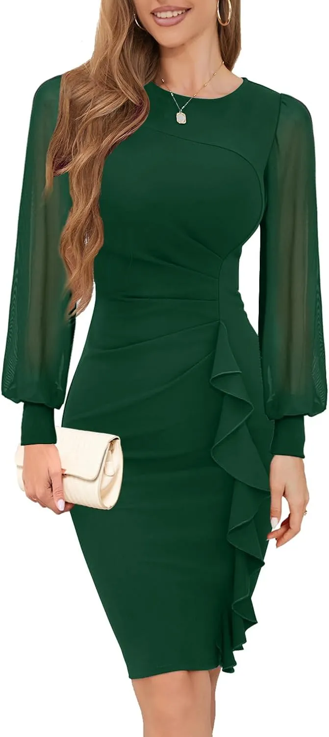 IHOT 2025 Women's Long Sheer Sleeve Ruched Sheath Bodycon Cocktail Party Work Dress
