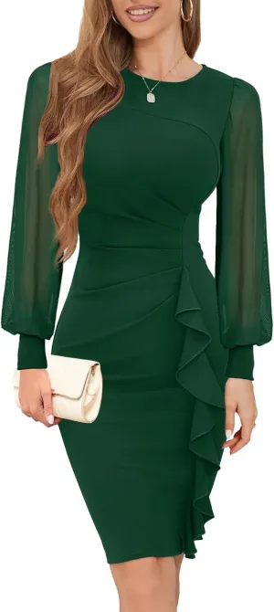 IHOT 2025 Women's Long Sheer Sleeve Ruched Sheath Bodycon Cocktail Party Work Dress