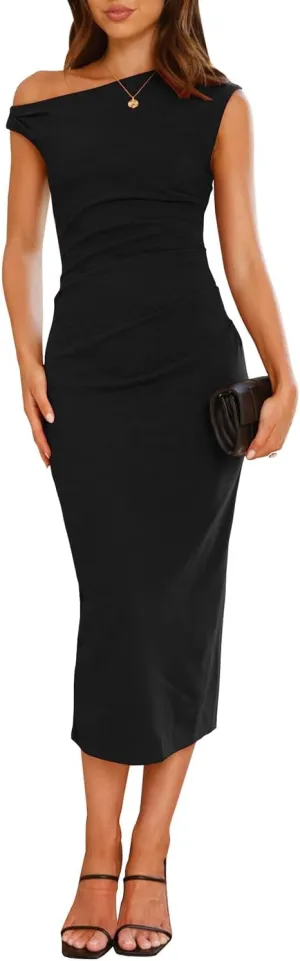 IHOT Women's Sleeveless One Shoulder Bodycon Ruched Slit Wedding Guest Cocktail Midi Dress