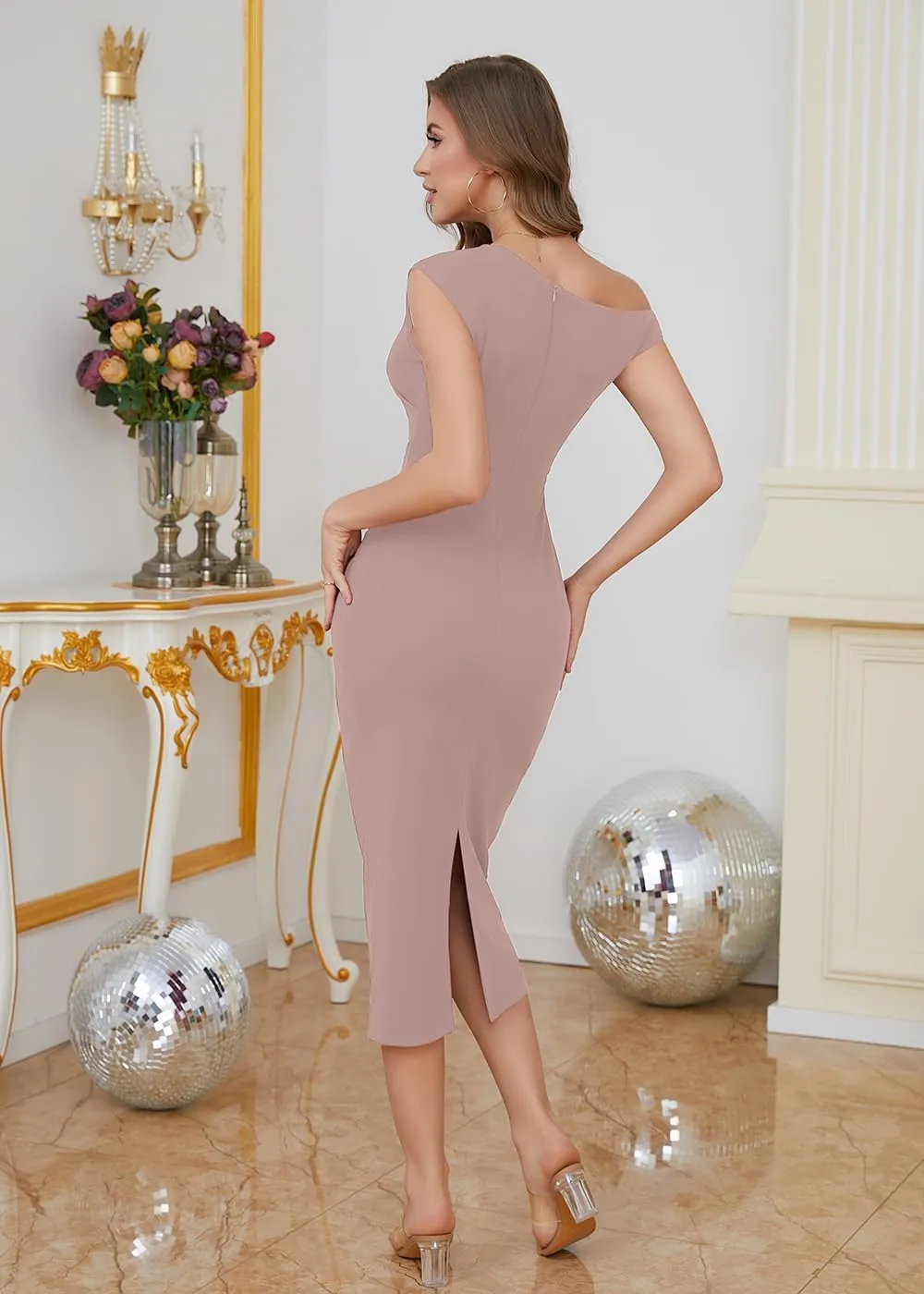 IHOT Women's Sleeveless One Shoulder Bodycon Ruched Slit Wedding Guest Cocktail Midi Dress