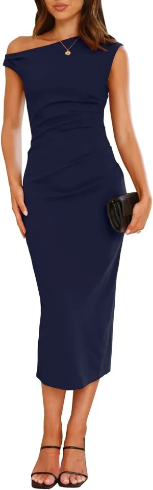 IHOT Women's Sleeveless One Shoulder Bodycon Ruched Slit Wedding Guest Cocktail Midi Dress