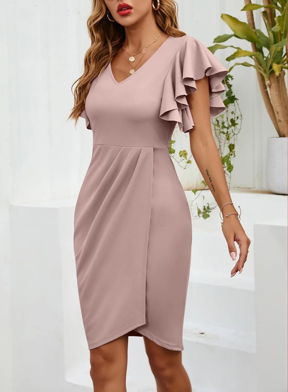 IHOT Women's V Neck Ruffle Sleeve Bodycon Sheath Wrap Ruched Casual Cocktail Party Work Dresses
