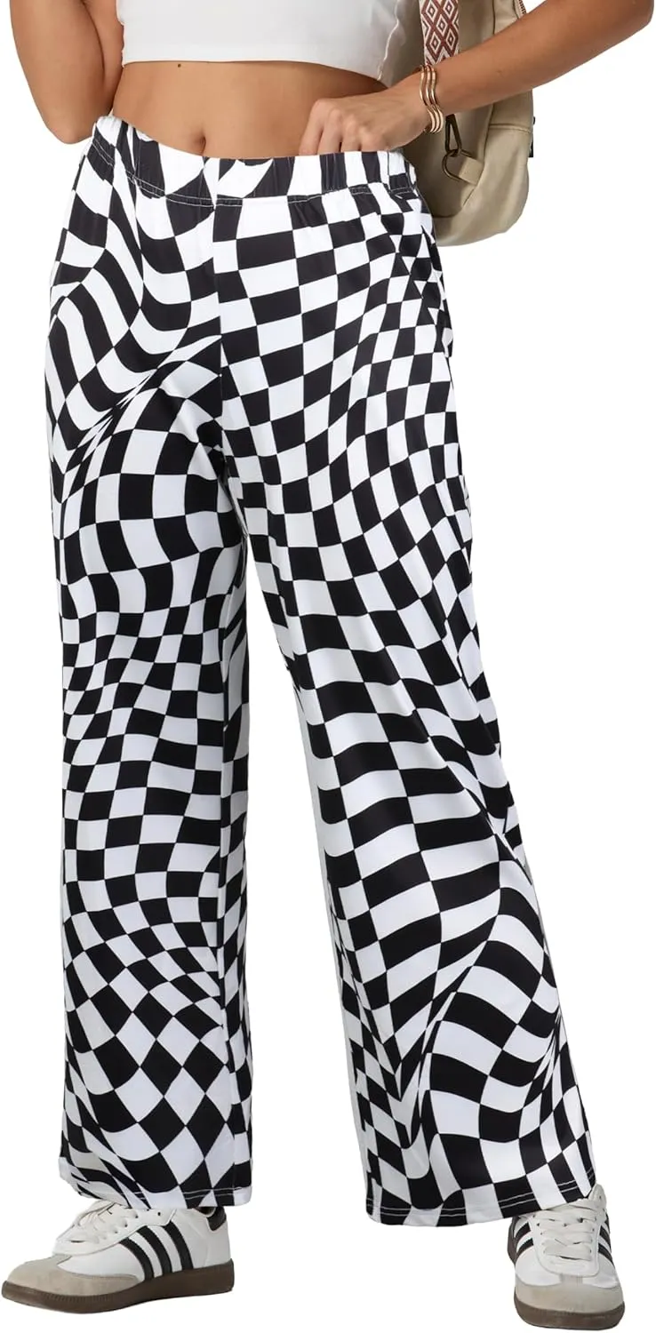 IWOLLENCE Women's Casual Loose Checkered Wide Leg Pants High Waist Straight Lounge Y2K Gingham Trousers Summer