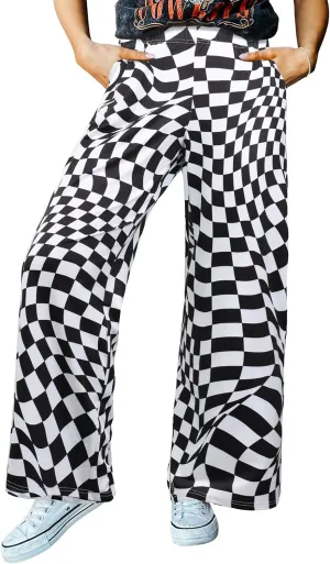 IWOLLENCE Women's Casual Loose Checkered Wide Leg Pants High Waist Straight Lounge Y2K Gingham Trousers Summer