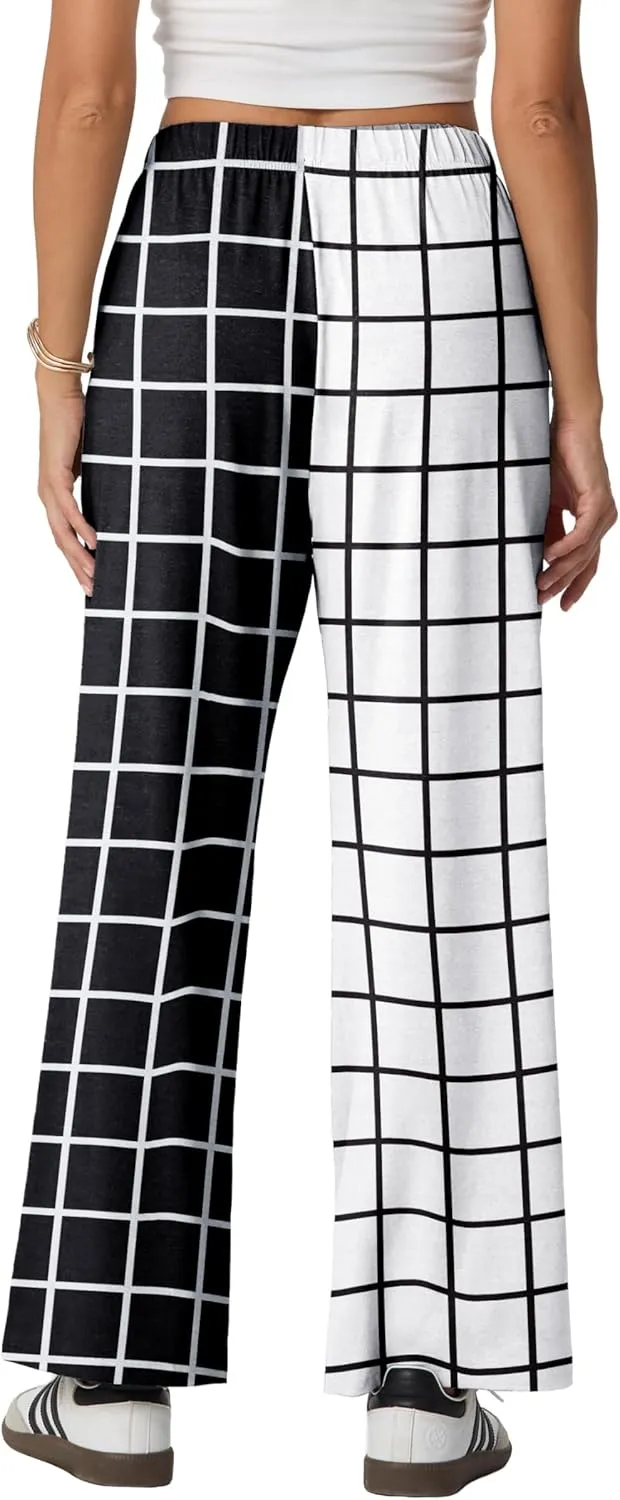 IWOLLENCE Women's Casual Loose Checkered Wide Leg Pants High Waist Straight Lounge Y2K Gingham Trousers Summer