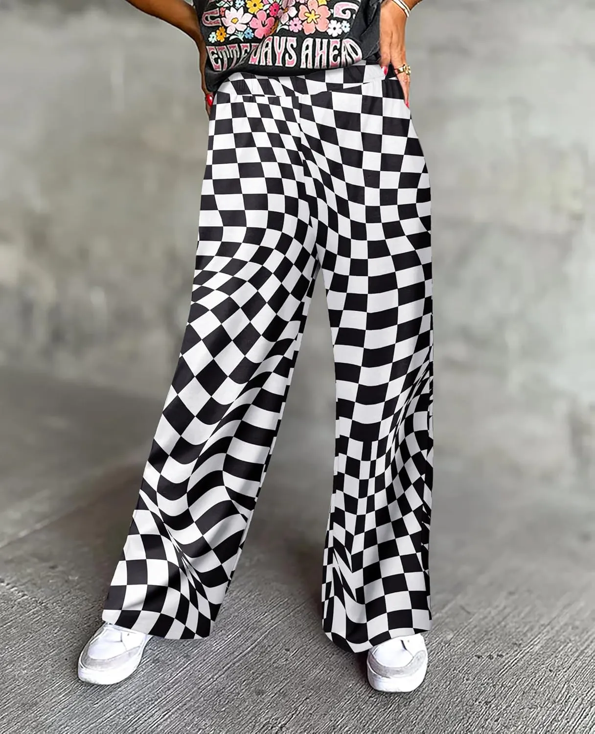 IWOLLENCE Women's Casual Loose Checkered Wide Leg Pants High Waist Straight Lounge Y2K Gingham Trousers Summer
