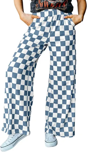 IWOLLENCE Women's Casual Loose Checkered Wide Leg Pants High Waist Straight Lounge Y2K Gingham Trousers Summer