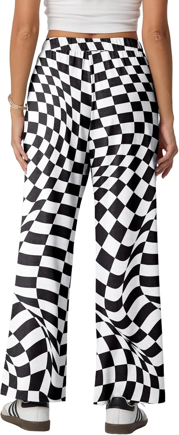 IWOLLENCE Women's Casual Loose Checkered Wide Leg Pants High Waist Straight Lounge Y2K Gingham Trousers Summer