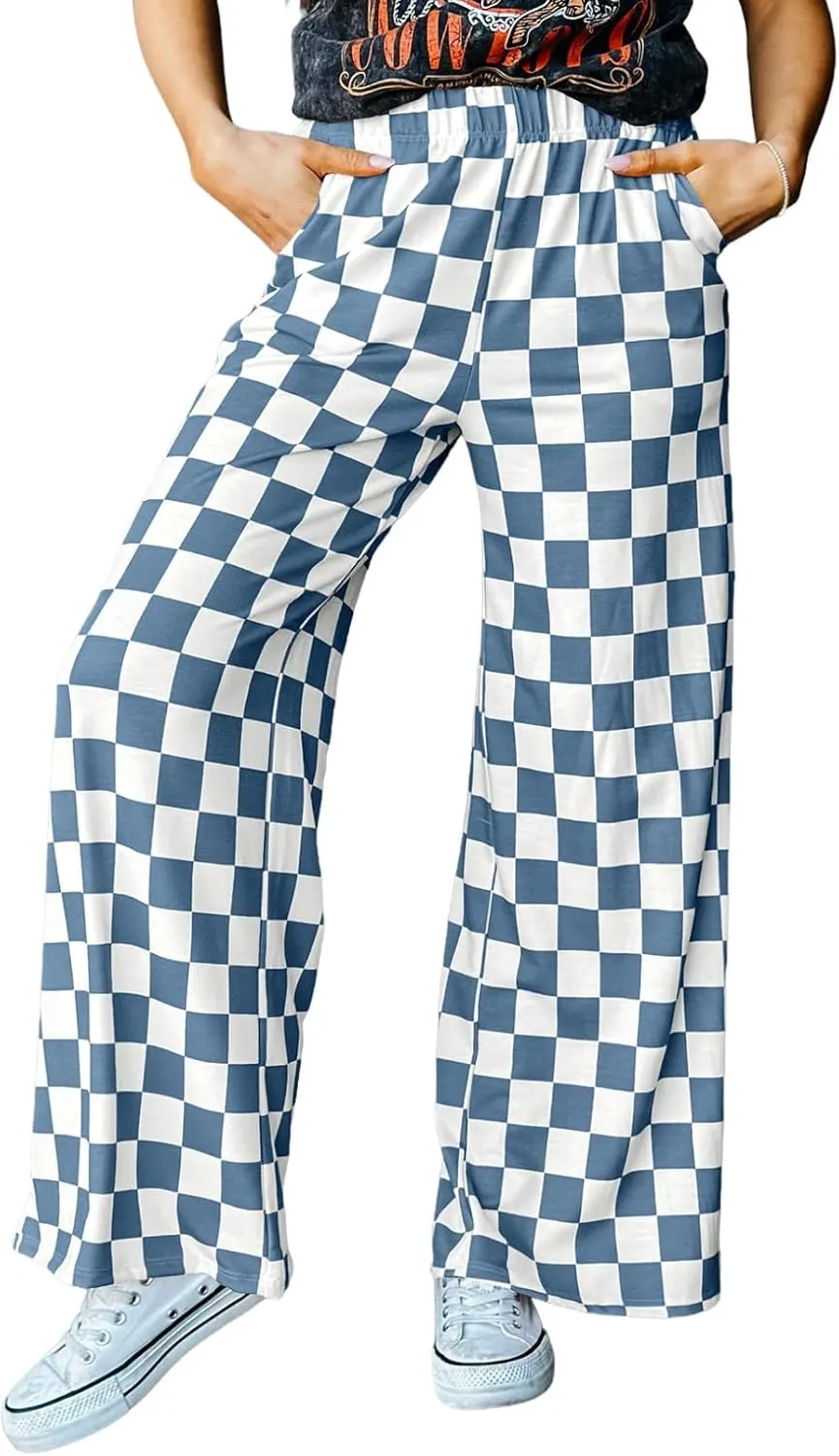 IWOLLENCE Women's Casual Loose Checkered Wide Leg Pants High Waist Straight Lounge Y2K Gingham Trousers Summer