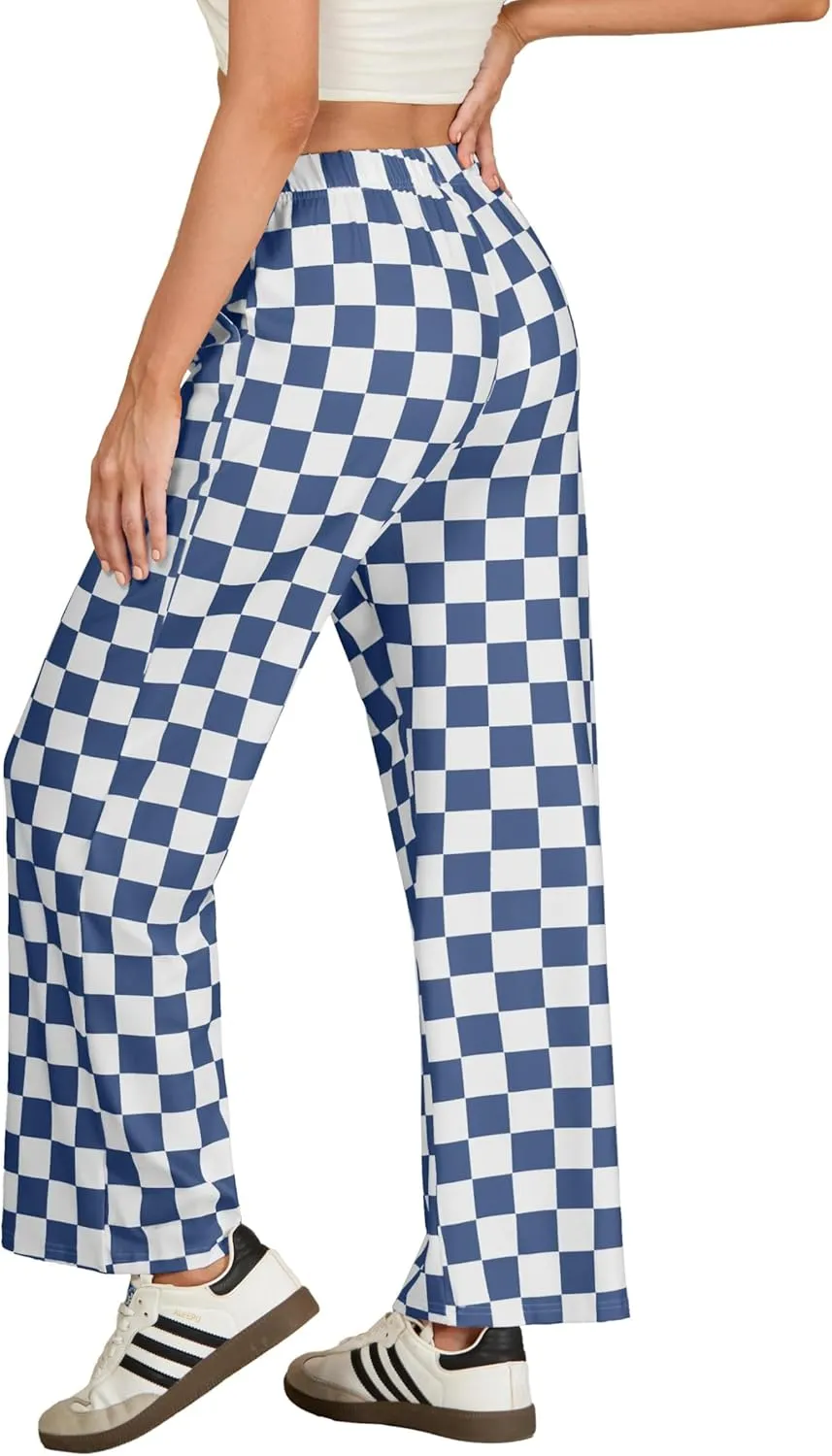 IWOLLENCE Women's Casual Loose Checkered Wide Leg Pants High Waist Straight Lounge Y2K Gingham Trousers Summer