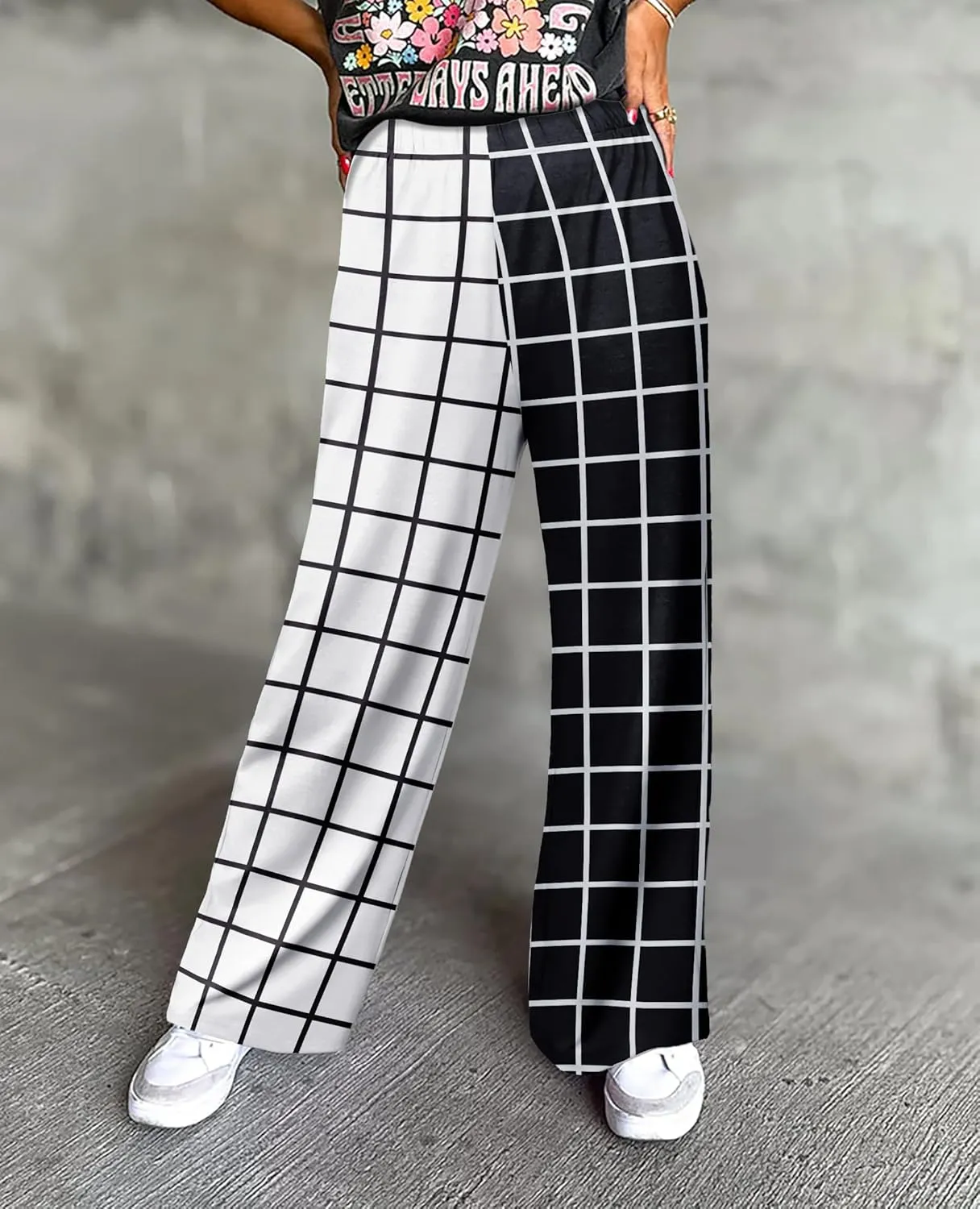 IWOLLENCE Women's Casual Loose Checkered Wide Leg Pants High Waist Straight Lounge Y2K Gingham Trousers Summer