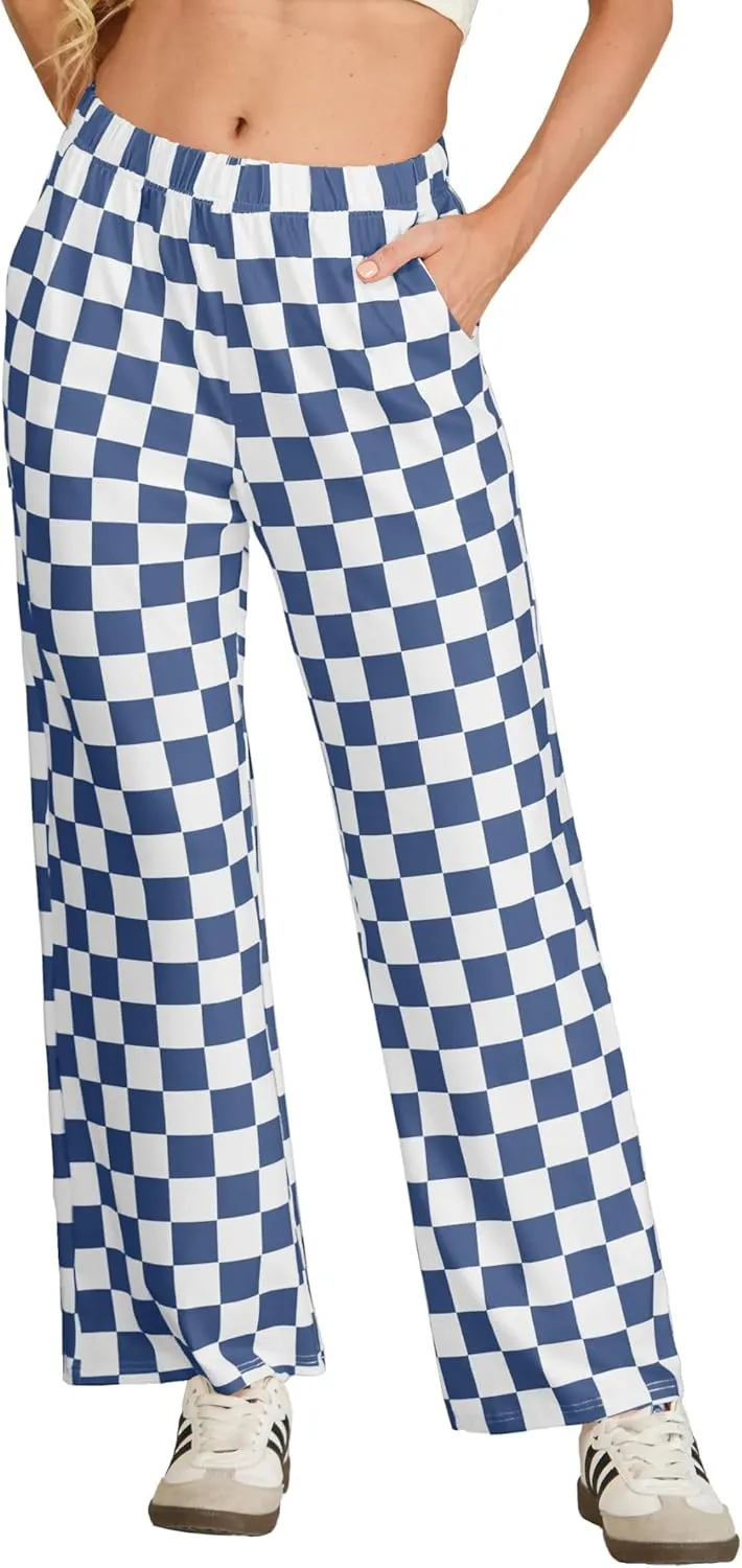 IWOLLENCE Women's Casual Loose Checkered Wide Leg Pants High Waist Straight Lounge Y2K Gingham Trousers Summer