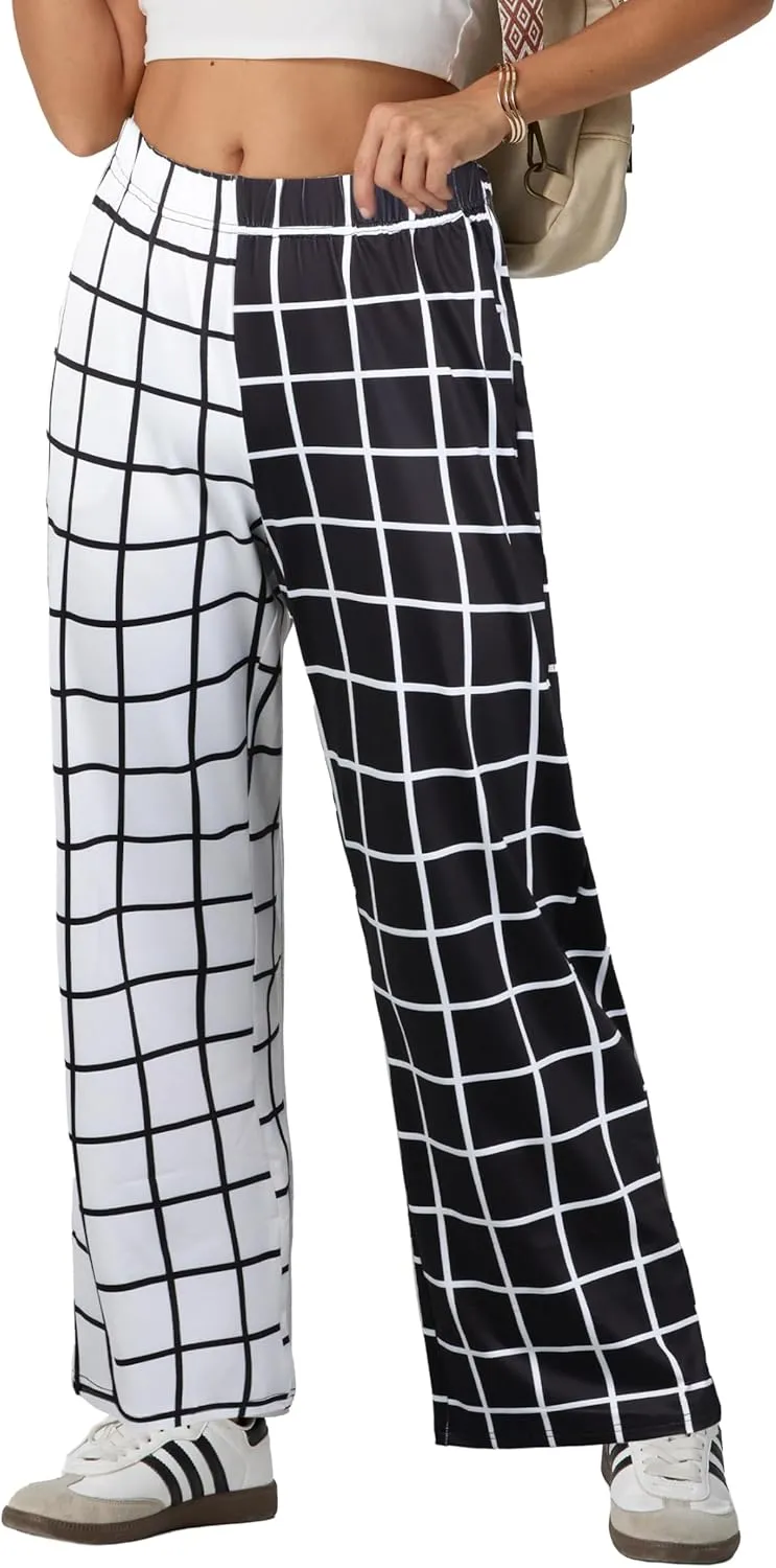 IWOLLENCE Women's Casual Loose Checkered Wide Leg Pants High Waist Straight Lounge Y2K Gingham Trousers Summer