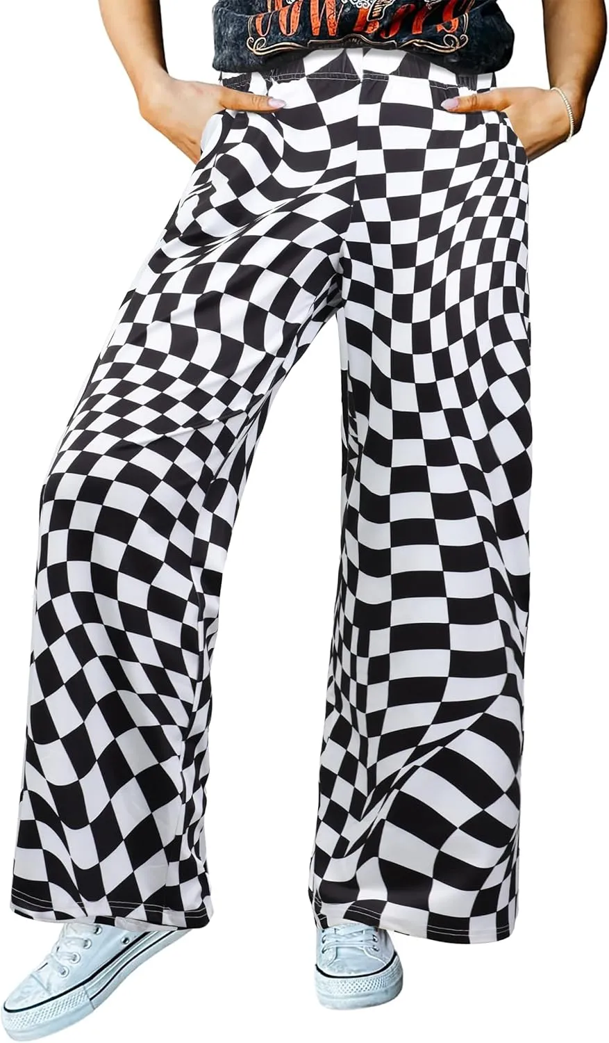 IWOLLENCE Women's Casual Loose Checkered Wide Leg Pants High Waist Straight Lounge Y2K Gingham Trousers Summer