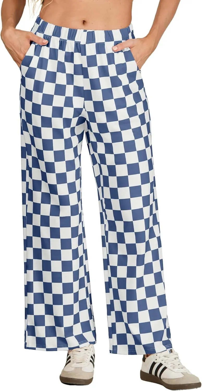 IWOLLENCE Women's Casual Loose Checkered Wide Leg Pants High Waist Straight Lounge Y2K Gingham Trousers Summer
