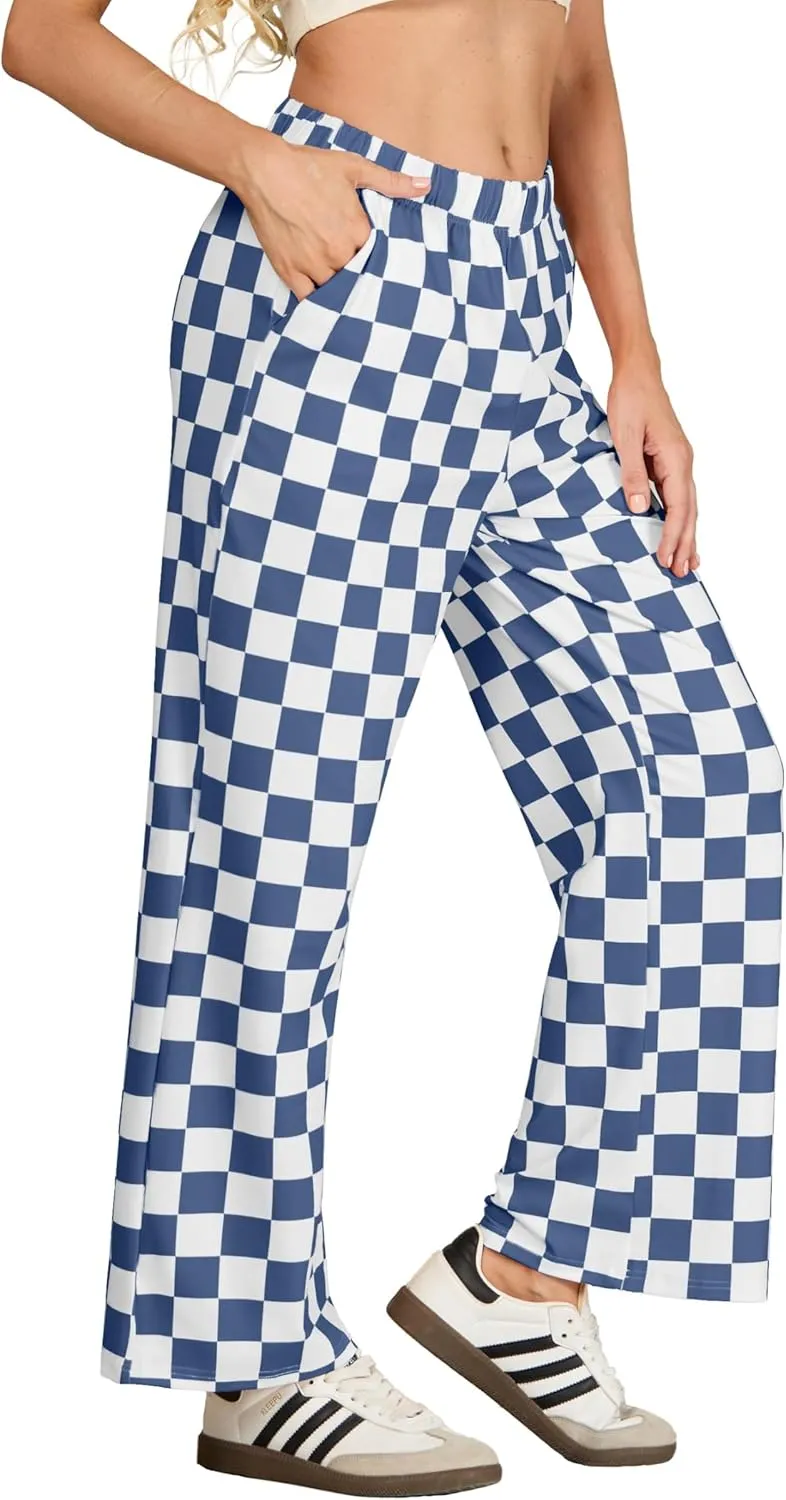 IWOLLENCE Women's Casual Loose Checkered Wide Leg Pants High Waist Straight Lounge Y2K Gingham Trousers Summer