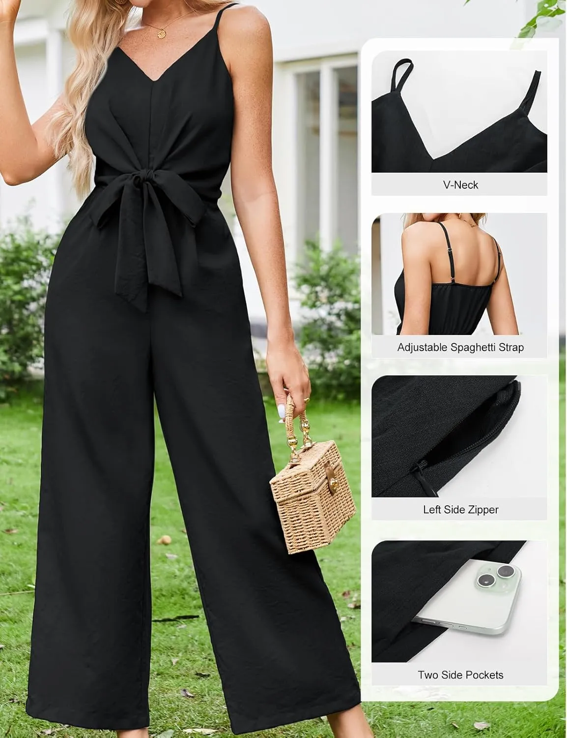 JASAMBAC Women Jumpsuits Dressy Casual Sleeveless Spaghetti Strap Loose Rompers Wide Leg Linen Summer Outfits with Pockets