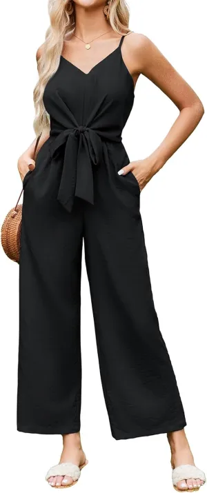 JASAMBAC Women Jumpsuits Dressy Casual Sleeveless Spaghetti Strap Loose Rompers Wide Leg Linen Summer Outfits with Pockets