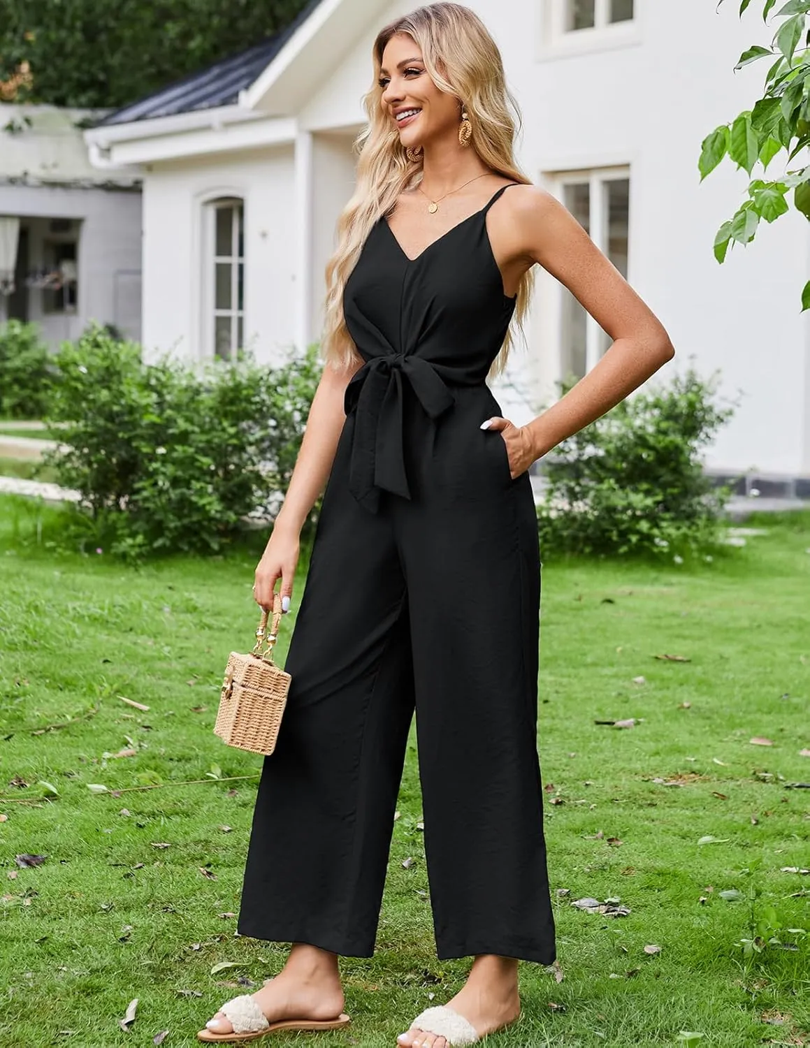 JASAMBAC Women Jumpsuits Dressy Casual Sleeveless Spaghetti Strap Loose Rompers Wide Leg Linen Summer Outfits with Pockets