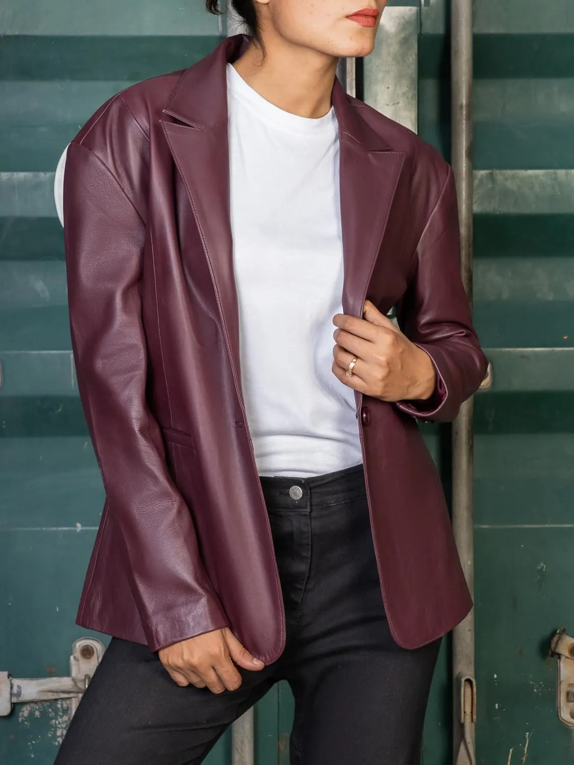 Jild Oversized Lambskin Leather Blazer Women - Business Casual Coat Plus Size Leather Jacket Women