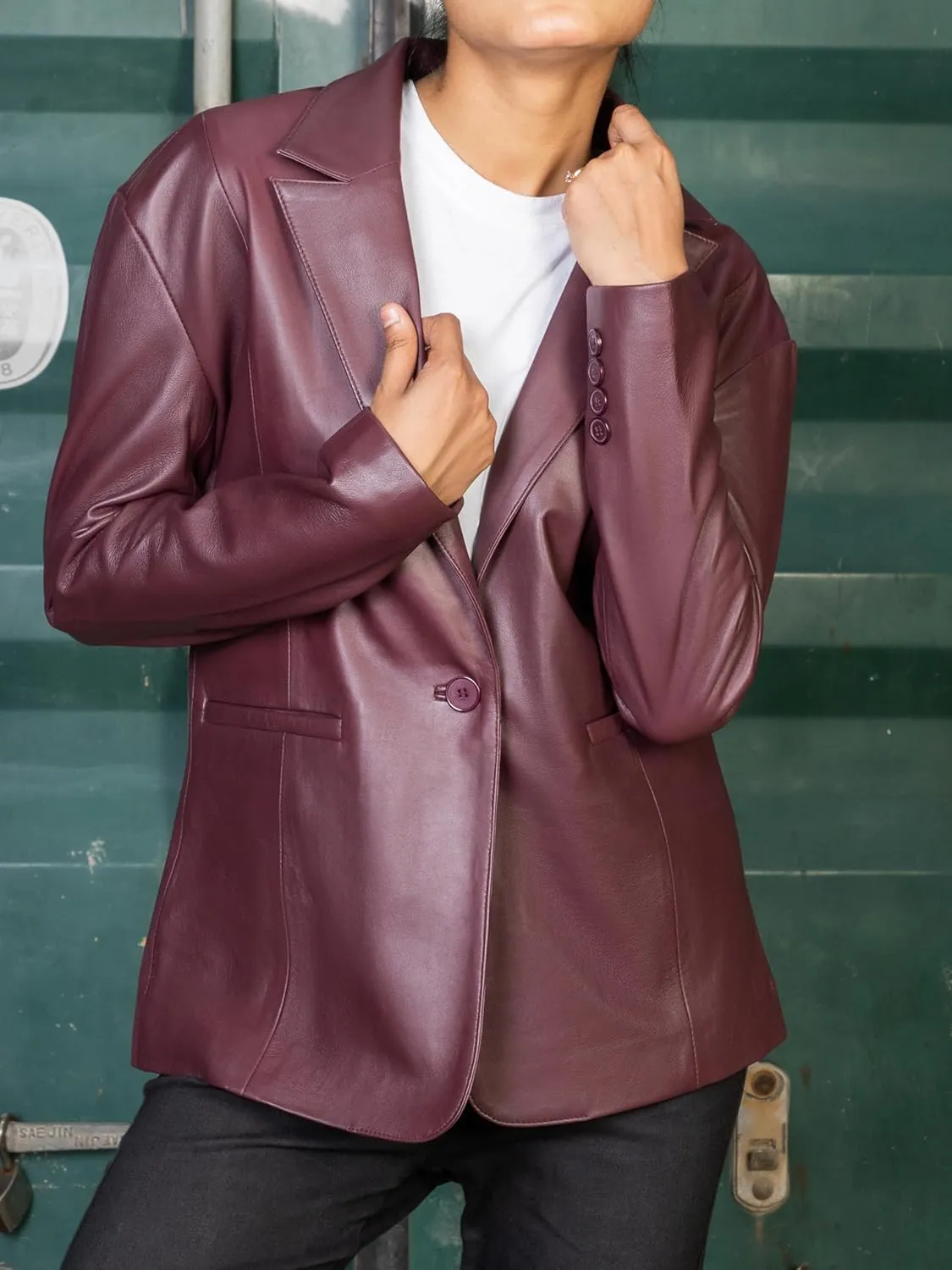 Jild Oversized Lambskin Leather Blazer Women - Business Casual Coat Plus Size Leather Jacket Women