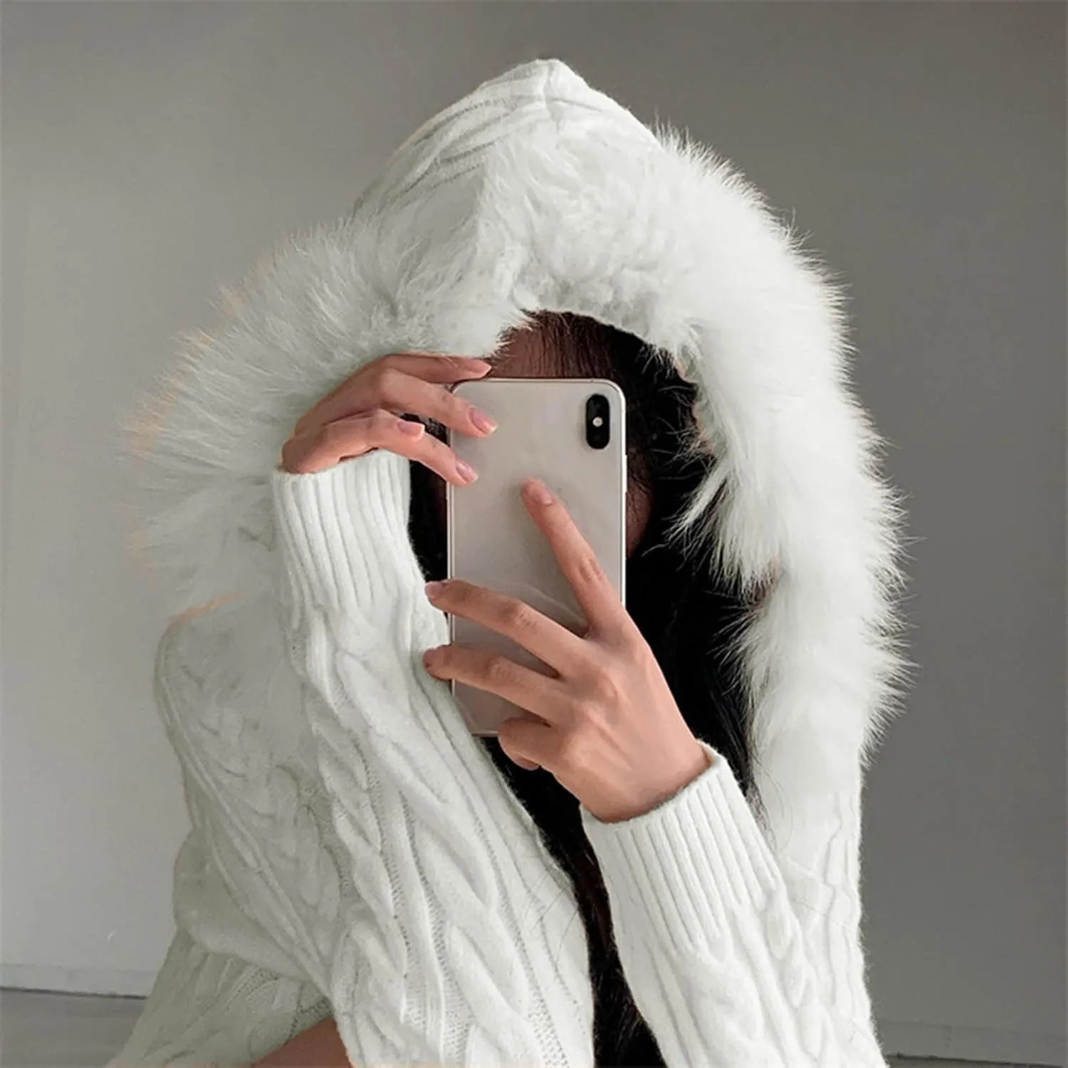 JOAU Women's Cable Knit Mini Sweater Dress Slim Fit Long Sleeve Button Up Dresses Winter V Neck Fur Trim Hooded Short Dress