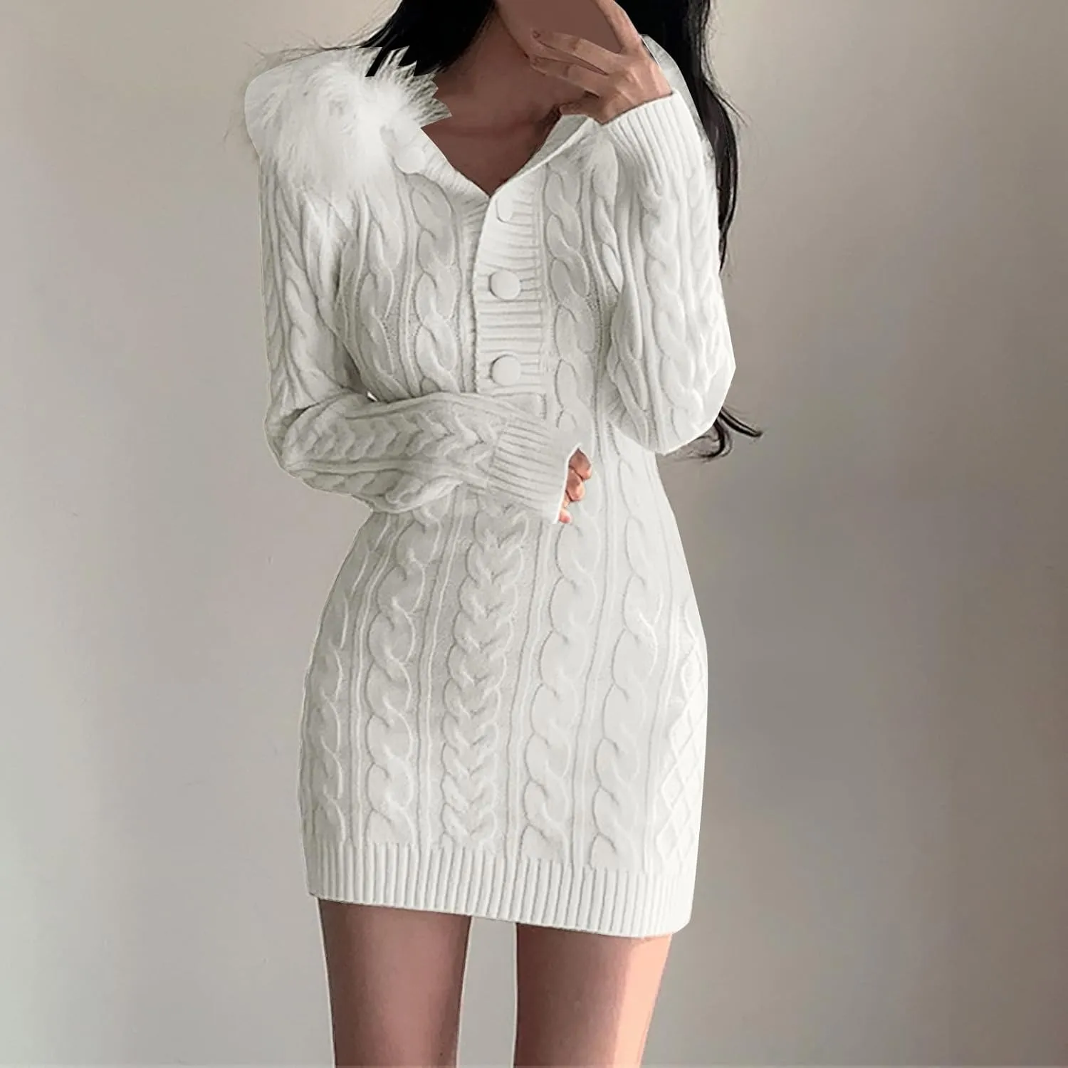 JOAU Women's Cable Knit Mini Sweater Dress Slim Fit Long Sleeve Button Up Dresses Winter V Neck Fur Trim Hooded Short Dress