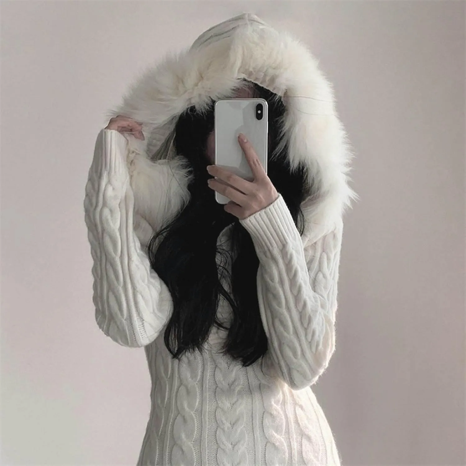 JOAU Women's Cable Knit Mini Sweater Dress Slim Fit Long Sleeve Button Up Dresses Winter V Neck Fur Trim Hooded Short Dress