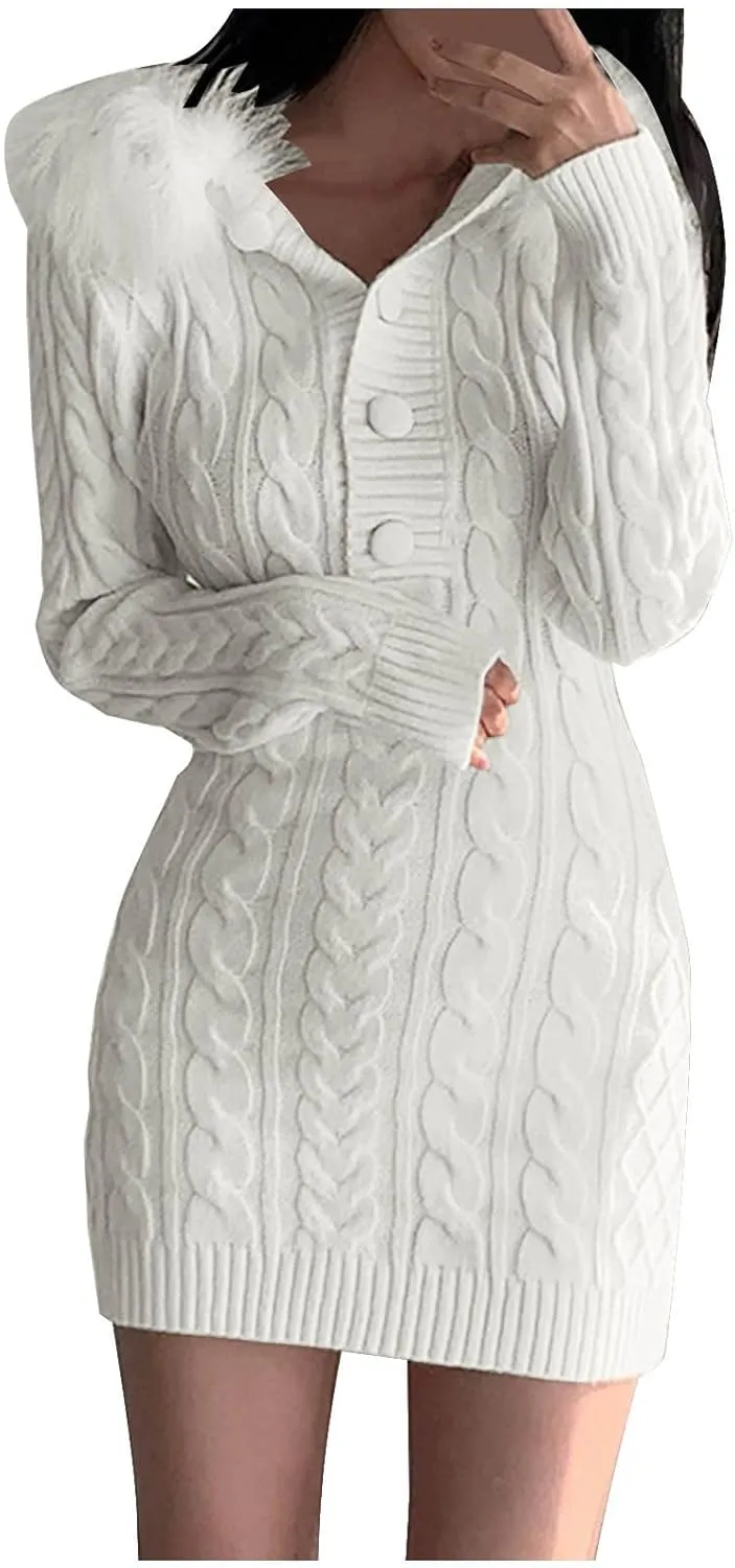 JOAU Women's Cable Knit Mini Sweater Dress Slim Fit Long Sleeve Button Up Dresses Winter V Neck Fur Trim Hooded Short Dress