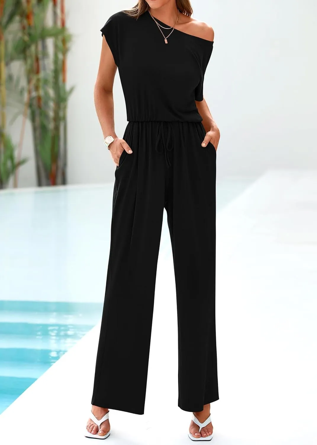 KIRUNDO Womens Jumpsuit 2025 Casual Summer Loose One Piece Off Shoulder Elastic Waist Wide Leg Long Romper with Pockets