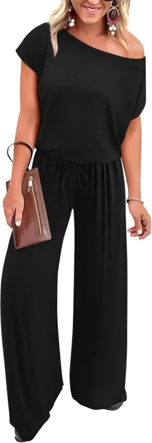 KIRUNDO Womens Jumpsuit 2025 Casual Summer Loose One Piece Off Shoulder Elastic Waist Wide Leg Long Romper with Pockets