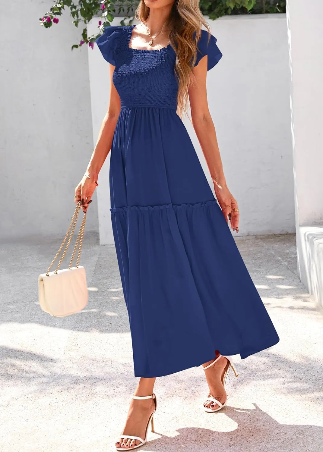 KIRUNDO Womens Summer Wedding Guest Dress 2025 Smocked Ruffle Flutter Short Sleeve Square Neck Flowy Tiered Midi Sundress