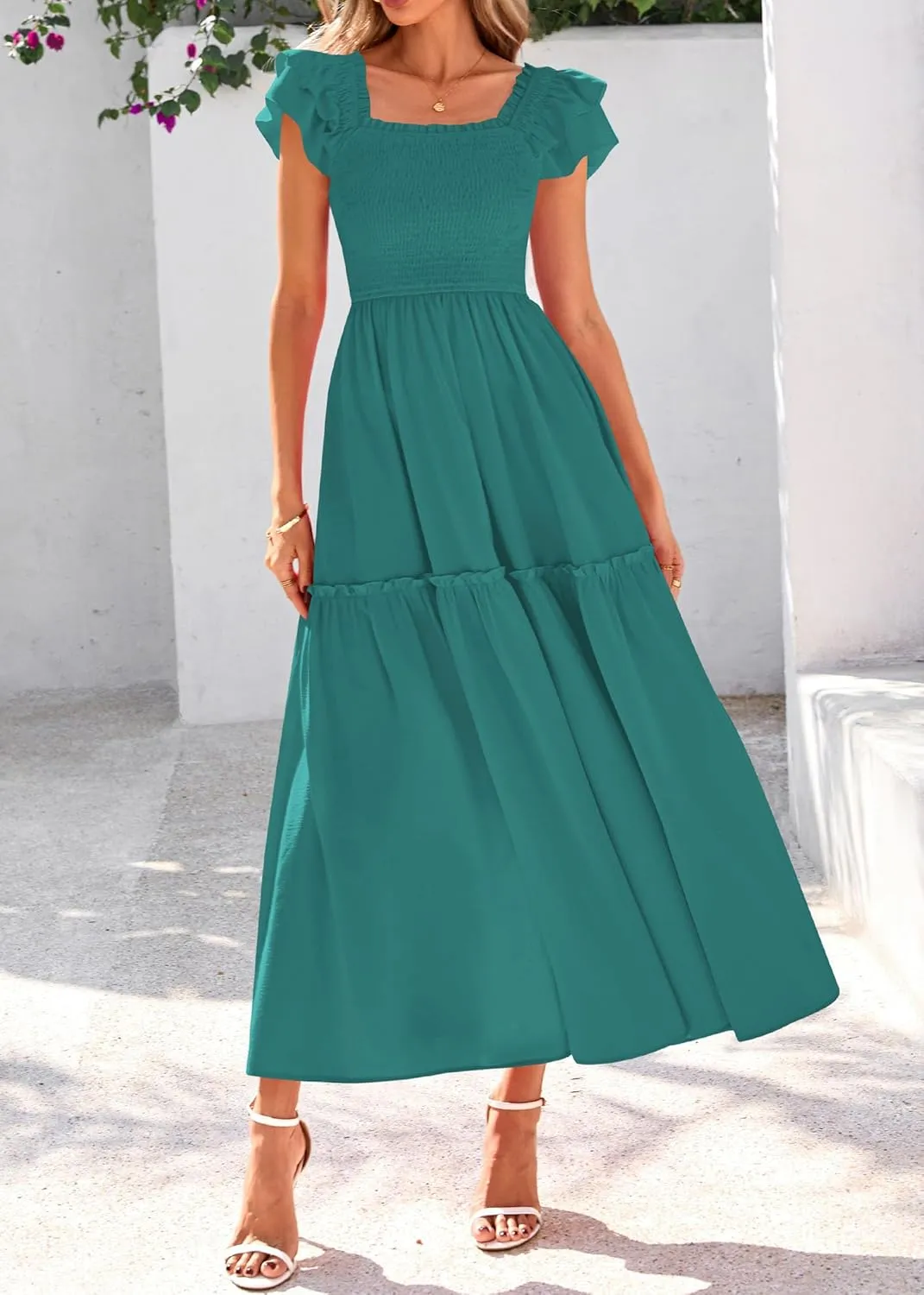KIRUNDO Womens Summer Wedding Guest Dress 2025 Smocked Ruffle Flutter Short Sleeve Square Neck Flowy Tiered Midi Sundress