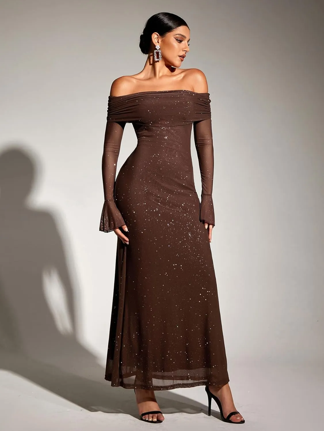 KUTUMAI Women Off Shoulder Bodycon Maxi Dress Long Sleeve Mesh Ruched Party Formal Wedding Guest Dresses