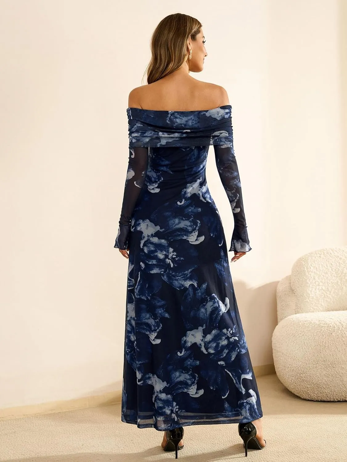 KUTUMAI Women Off Shoulder Bodycon Maxi Dress Long Sleeve Mesh Ruched Party Formal Wedding Guest Dresses