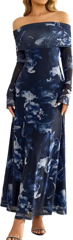 KUTUMAI Women Off Shoulder Bodycon Maxi Dress Long Sleeve Mesh Ruched Party Formal Wedding Guest Dresses