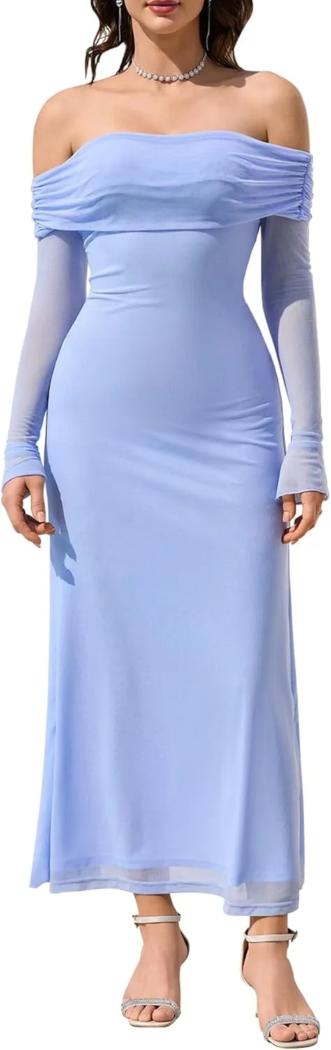 KUTUMAI Women Off Shoulder Bodycon Maxi Dress Long Sleeve Mesh Ruched Party Formal Wedding Guest Dresses