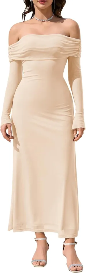 KUTUMAI Women Off Shoulder Bodycon Maxi Dress Long Sleeve Mesh Ruched Party Formal Wedding Guest Dresses