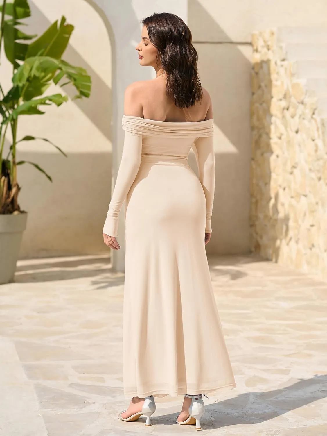 KUTUMAI Women Off Shoulder Bodycon Maxi Dress Long Sleeve Mesh Ruched Party Formal Wedding Guest Dresses