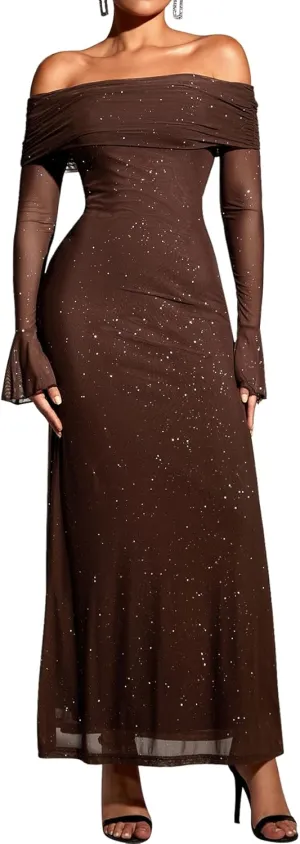 KUTUMAI Women Off Shoulder Bodycon Maxi Dress Long Sleeve Mesh Ruched Party Formal Wedding Guest Dresses