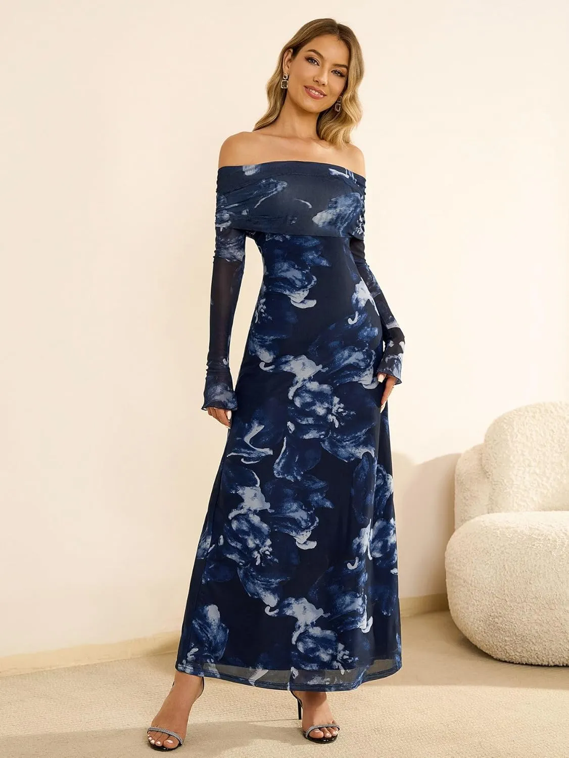 KUTUMAI Women Off Shoulder Bodycon Maxi Dress Long Sleeve Mesh Ruched Party Formal Wedding Guest Dresses