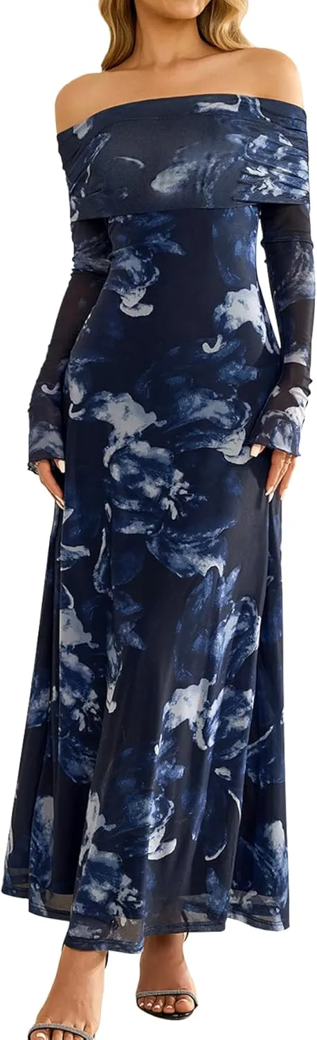 KUTUMAI Women Off Shoulder Bodycon Maxi Dress Long Sleeve Mesh Ruched Party Formal Wedding Guest Dresses