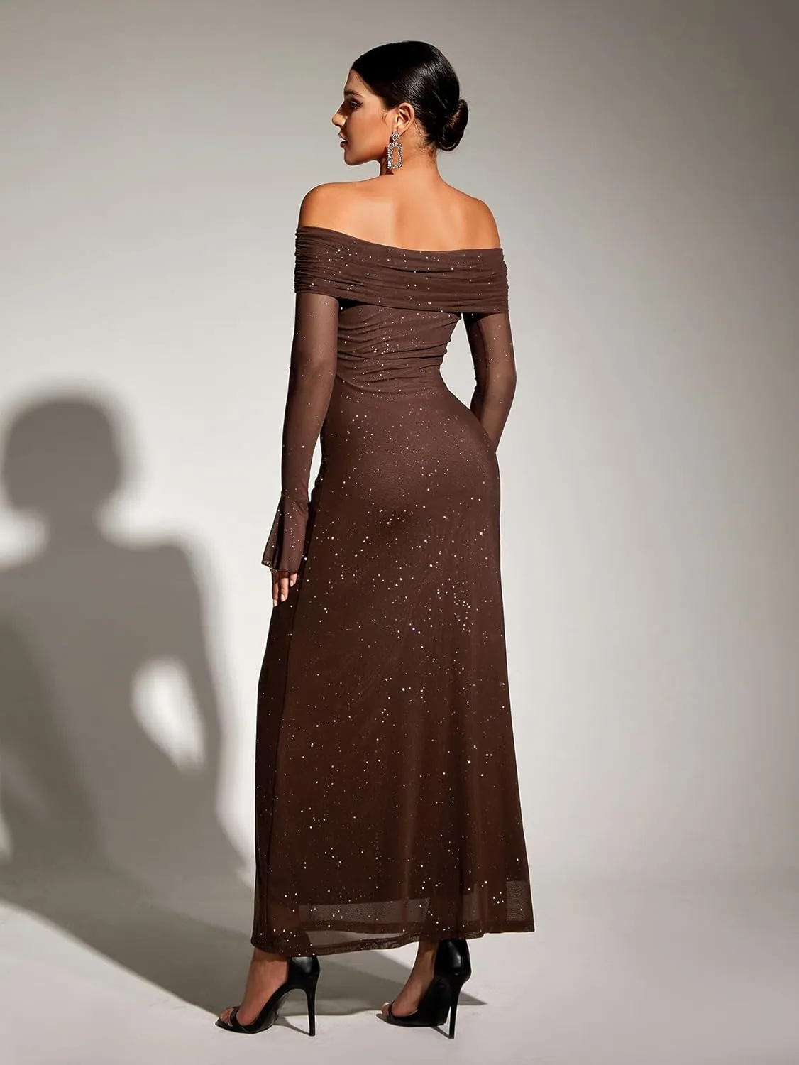 KUTUMAI Women Off Shoulder Bodycon Maxi Dress Long Sleeve Mesh Ruched Party Formal Wedding Guest Dresses