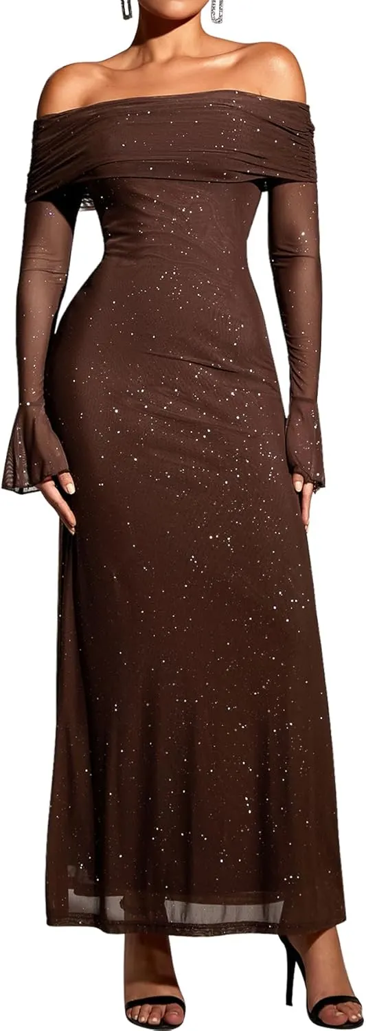 KUTUMAI Women Off Shoulder Bodycon Maxi Dress Long Sleeve Mesh Ruched Party Formal Wedding Guest Dresses