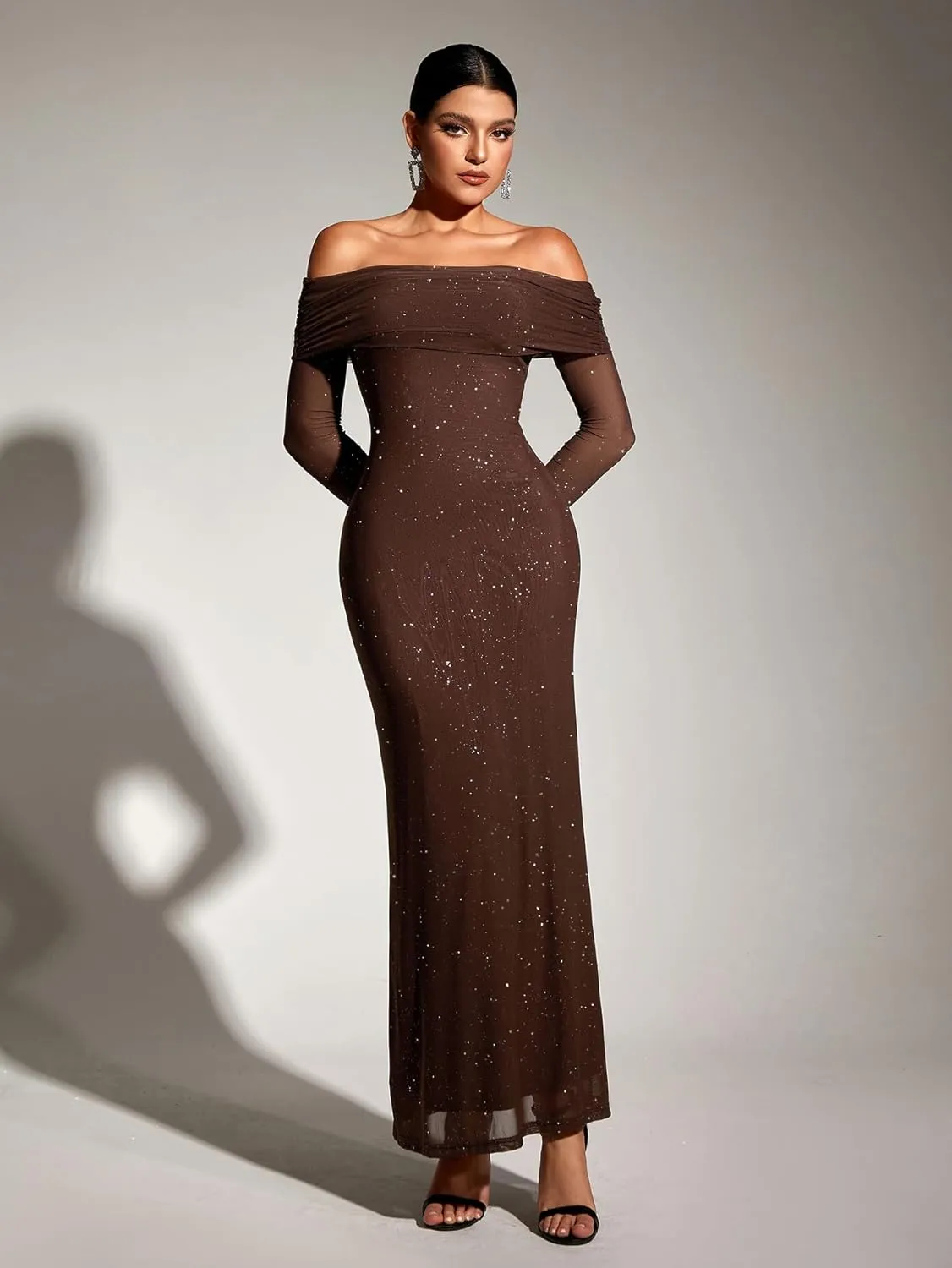 KUTUMAI Women Off Shoulder Bodycon Maxi Dress Long Sleeve Mesh Ruched Party Formal Wedding Guest Dresses