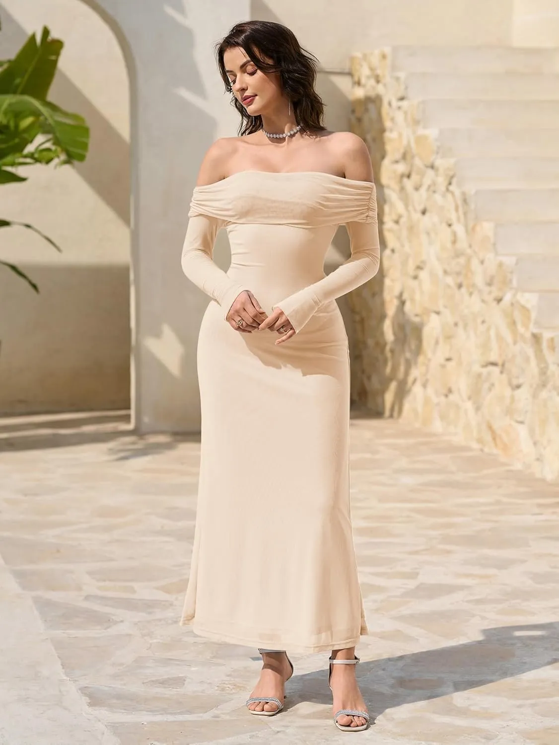 KUTUMAI Women Off Shoulder Bodycon Maxi Dress Long Sleeve Mesh Ruched Party Formal Wedding Guest Dresses