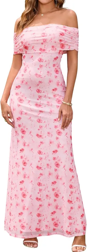 KUTUMAI Women Off Shoulder Bodycon Maxi Long Dress Mesh Ruched Elegant Formal Wedding Guest Dresses