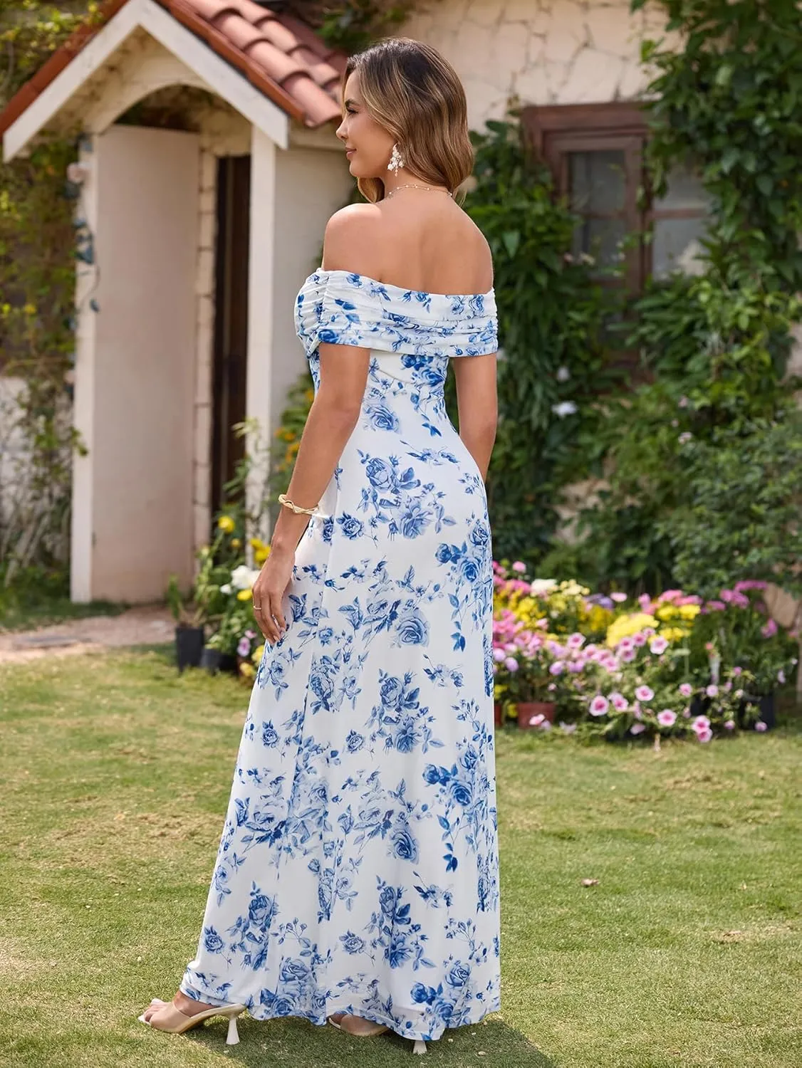 KUTUMAI Women Off Shoulder Bodycon Maxi Long Dress Mesh Ruched Elegant Formal Wedding Guest Dresses